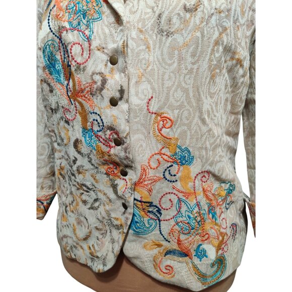 Coldwater Creek 10 Womens Linen Blend Embroidered Boho Chic Artsy Jacket Beige - Picture 14 of 14